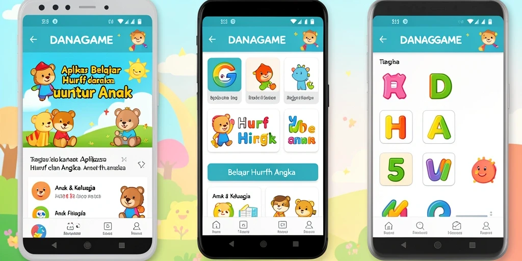 Tampilan antarmuka aplikasi Belajar Huruf Angka yang menarik dan interaktif.
